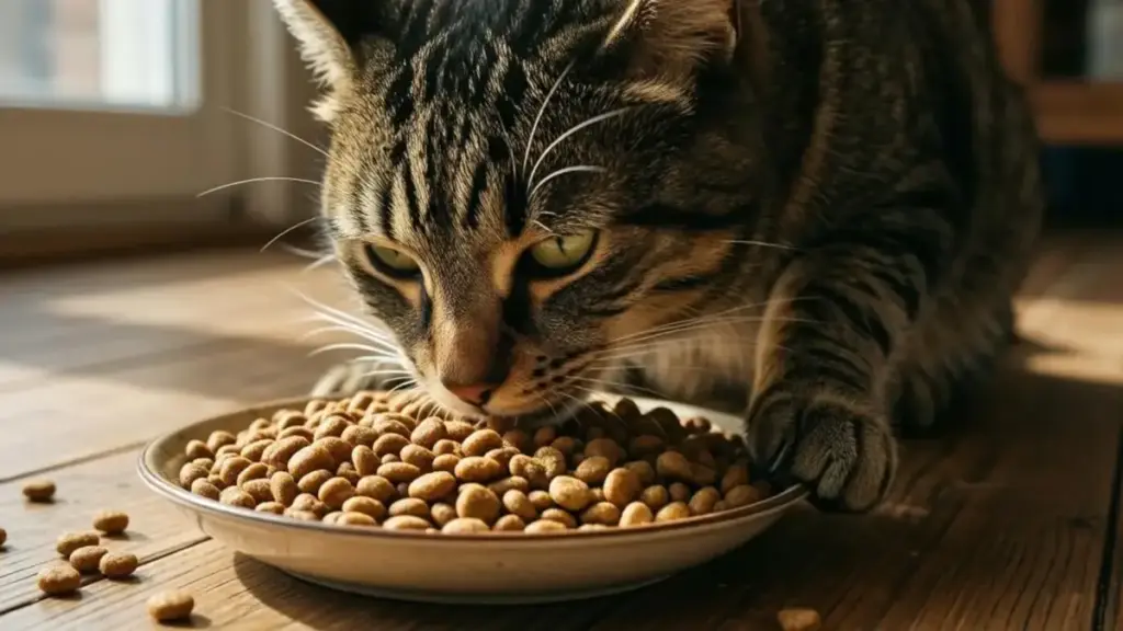a cat having a meal with shallow bowl