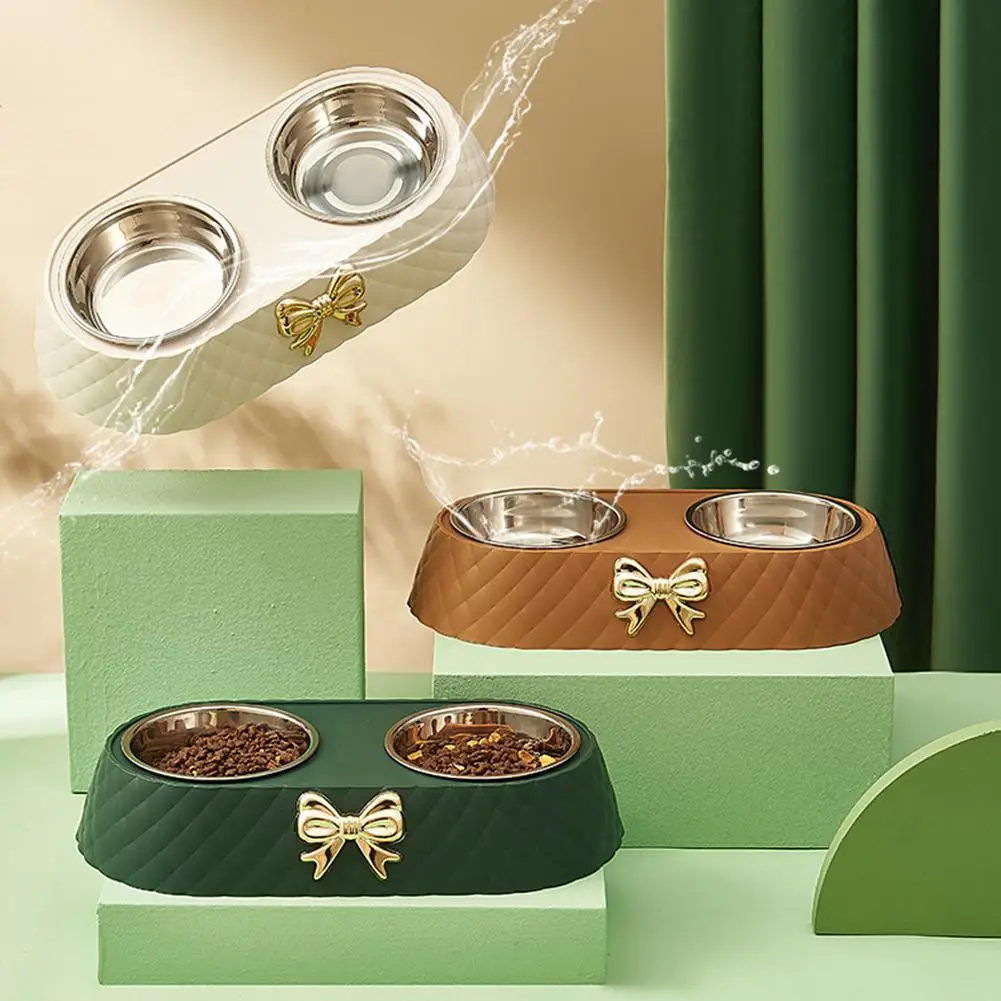 Steel Double Dog Bowl Non-slip Bow