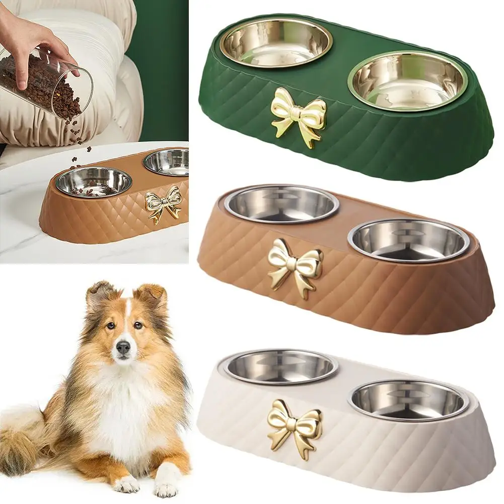 Steel Double Dog Bowl Non-slip Bow