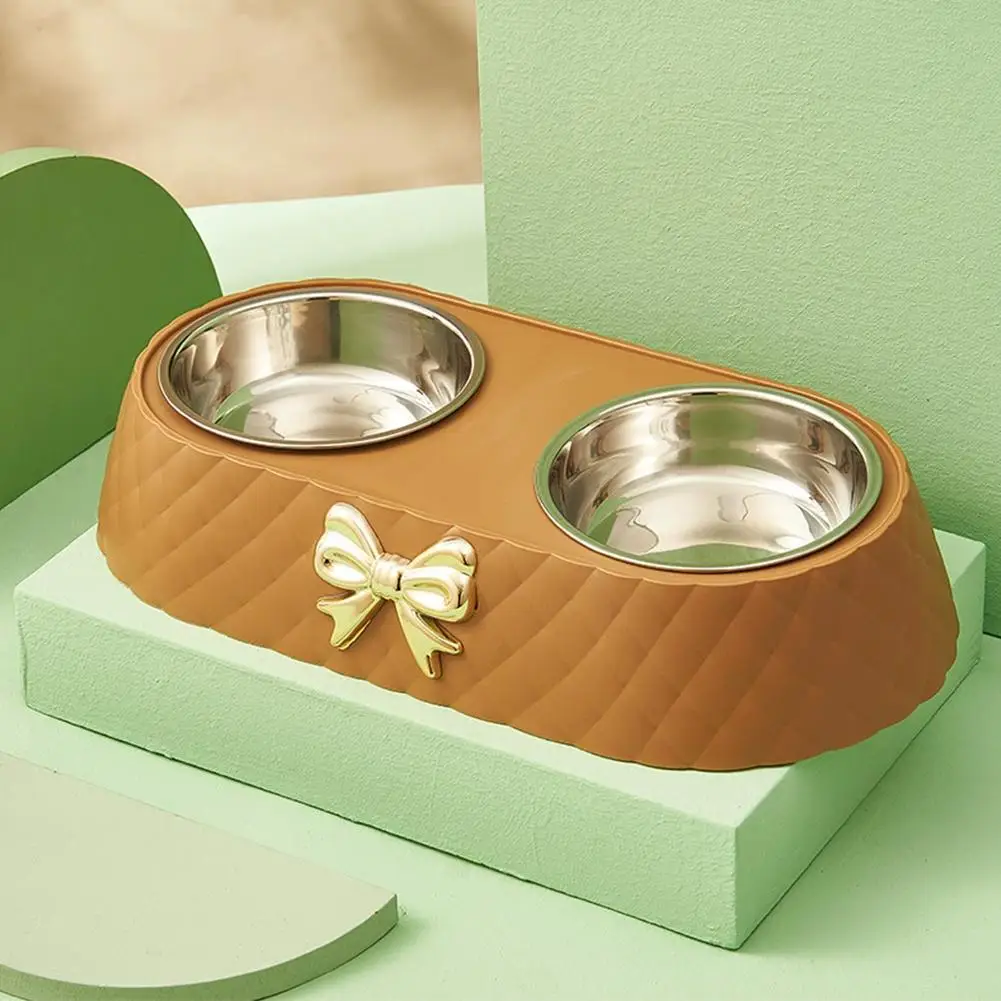 Steel Double Dog Bowl Non-slip Bow