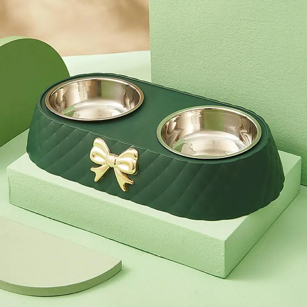 Steel Double Dog Bowl Non-slip Bow