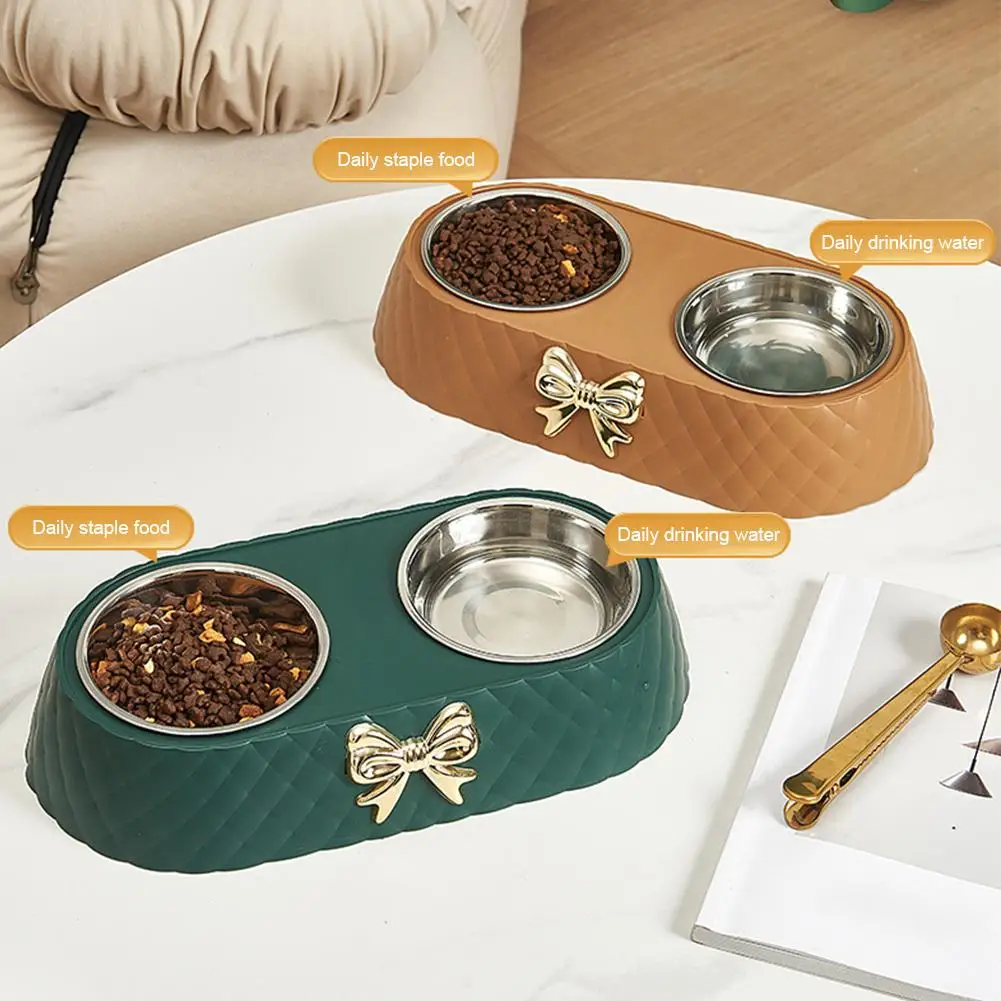 Steel Double Dog Bowl Non-slip Bow
